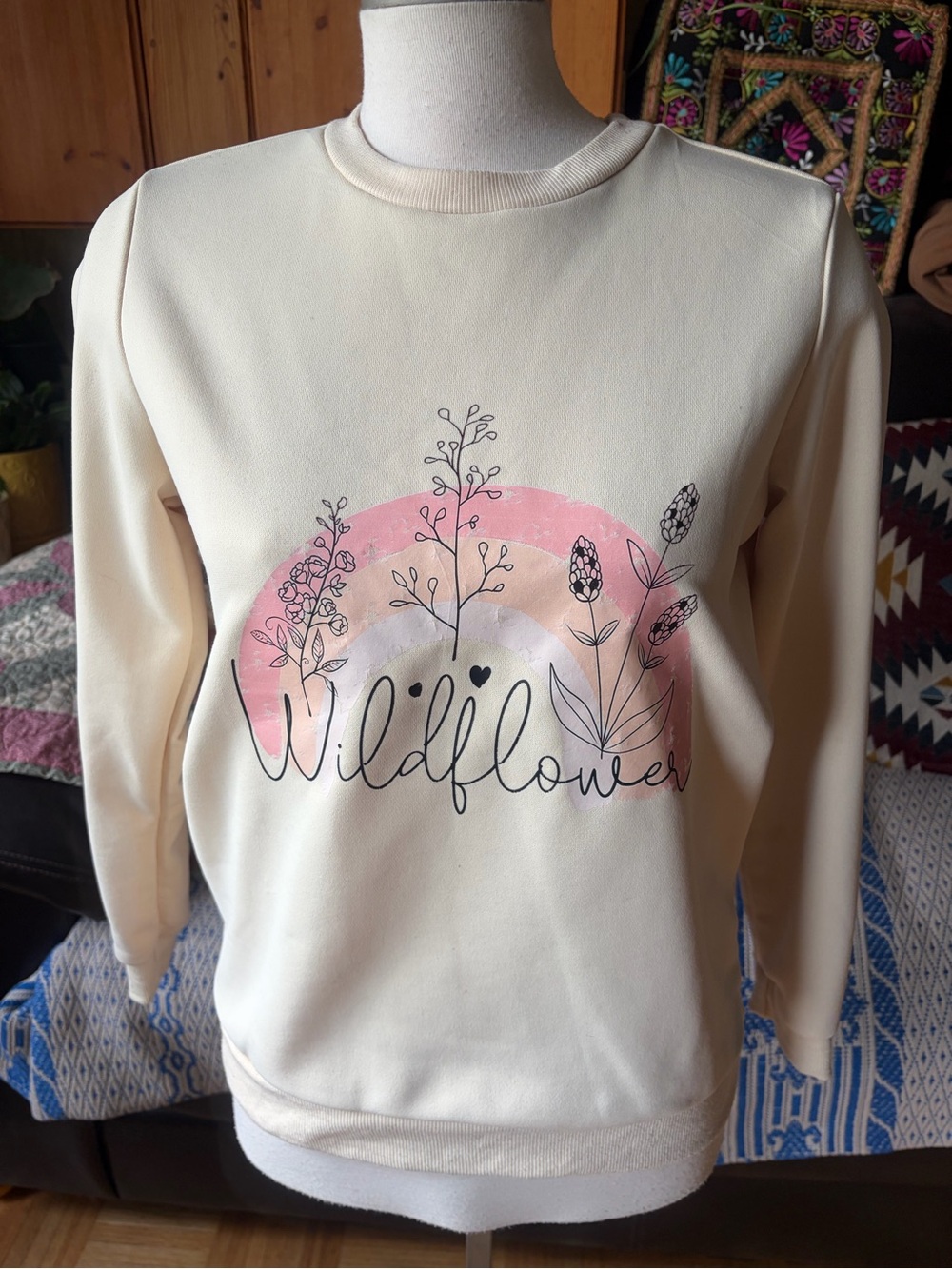 Kids/Girls Wildflower Cream Rainbow Pullover Sweatshirt with Pink Graphic 13-14Y